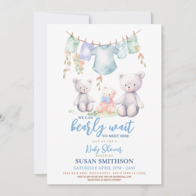 Teddy Bear Baby Shower Boy Blue Barely Wait Invitation (Front)