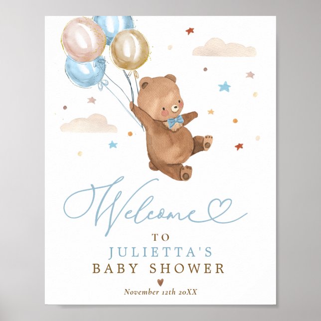 Teddy Bear Baby Shower Boy Blue Bear Welcome  Poster (Front)