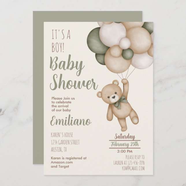 Teddy Bear Baby Shower Boy Invitation (Front/Back)