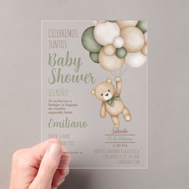Teddy Bear Baby Shower Boy Spanish acrylic Invitat Acrylic Invitations (Insitu (Handheld))