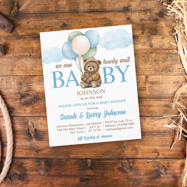 Teddy bear baby shower budget invite bearly wait (Teddy bear with balloons baby shower budget invitation template cute teddy with balloons brown blue)