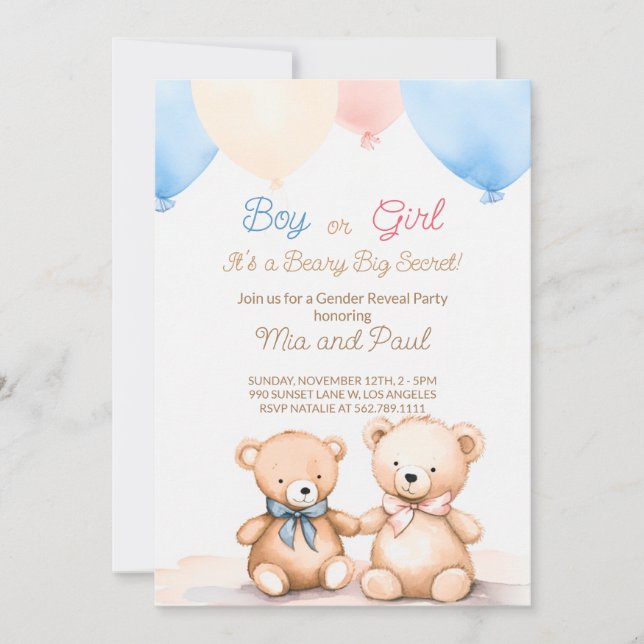 Teddy Bear Baby Shower Gender Reveal Invitation (Front)