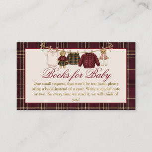 Teddy Bear Baby Shower Girl Plaid Bow Books Enclosure Card