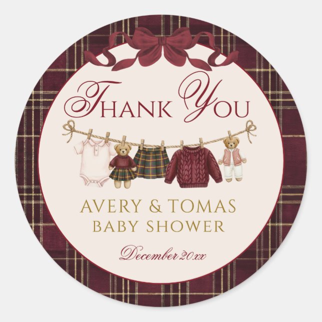Teddy Bear Baby Shower Girl Plaid Burgundy Bow  Classic Round Sticker (Front)