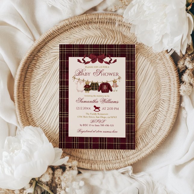 Teddy Bear Baby Shower Girl Plaid Burgundy Bow  Invitation (Creator Uploaded)