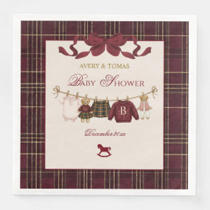 Teddy Bear Baby Shower Girl Plaid Burgundy Bow  Napkin