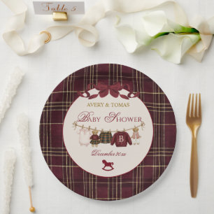 Teddy Bear Baby Shower Girl Plaid Burgundy Bow Paper Plate