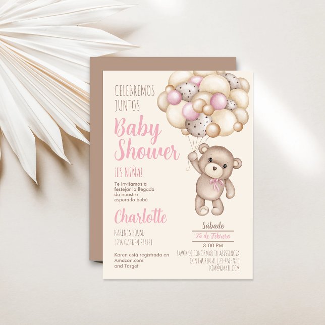 Teddy Bear Baby Shower Girl Spanish Invitation (Creator Uploaded)