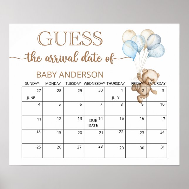 Teddy Bear Baby Shower Guess Due Date Calendar Pos Poster (Front)