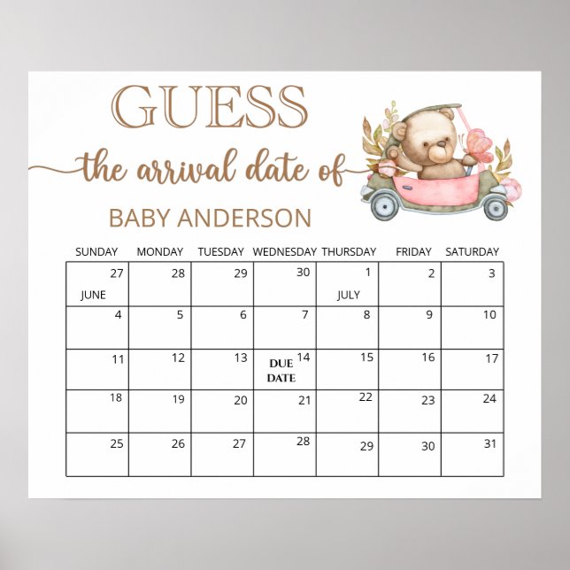 Teddy Bear Baby Shower Guess Due Date Calendar  Poster (Front)