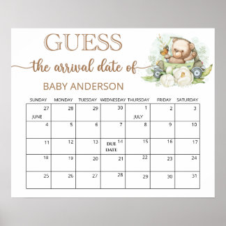 Teddy Bear Baby Shower Guess Due Date Calendar Poster