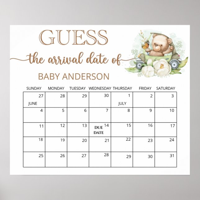 Teddy Bear Baby Shower Guess Due Date Calendar  Poster (Front)