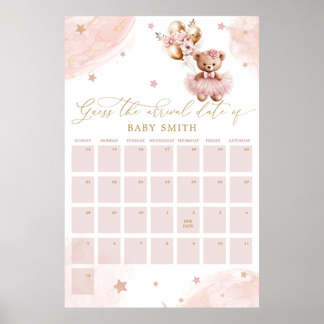Teddy Bear Baby Shower Guess Due Date Calendar Poster (Front)