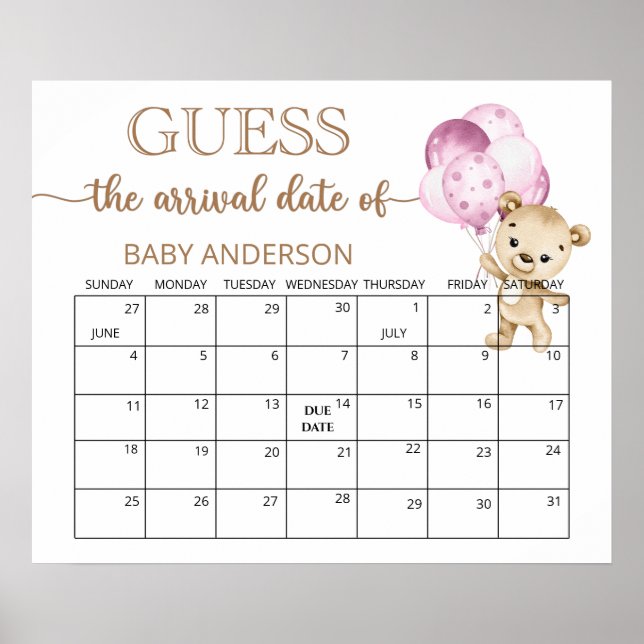 Teddy Bear Baby Shower Guess Due Date Calendar Poster (Front)