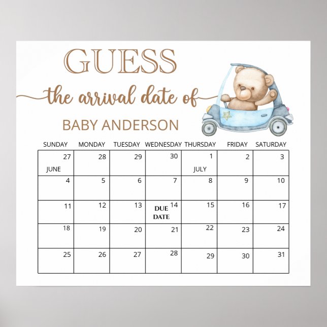 Teddy Bear Baby Shower Guess Due Date Calendar Poster (Front)