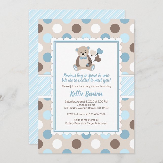 Teddy bear baby shower invitation boy blue brown (Front/Back)