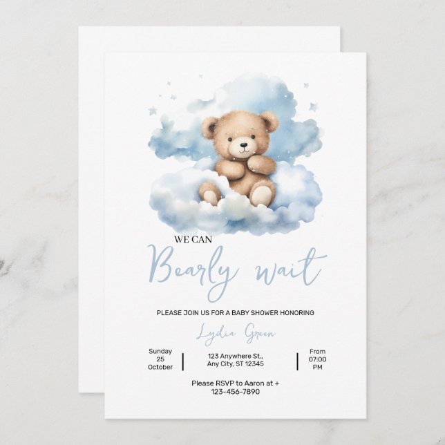 Teddy Bear Baby Shower Invitation, Can Bearly Wait Invitation (Front/Back)