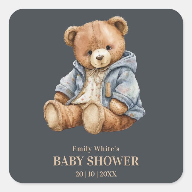 Teddy Bear Baby Shower Invitation Can Bearly Wait  Square Sticker (Front)