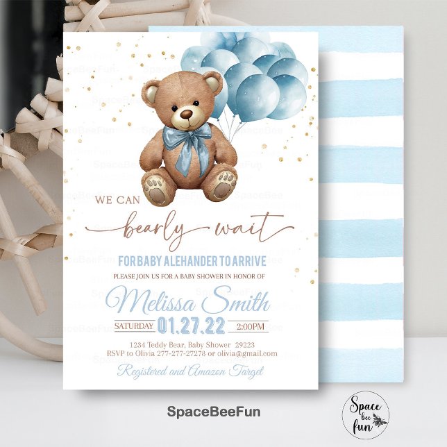 Teddy Bear Baby Shower Invitation We Can Bearly (Teddy Bear,Baby Shower,Invitation,We Can Bearly Wait,gender natural,,invitesbear,hot air balloon,Bea)