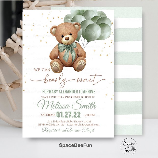 Teddy Bear Baby Shower Invitation We Can Bearly  (Teddy Bear,Baby Shower,Invitation,We Can Bearly Wait,gender natural,,invitesbear,hot air balloon,Bea)