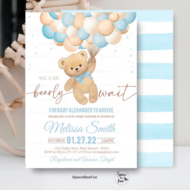 Teddy Bear Baby Shower Invitation We Can Bearly Wa (Teddy Bear invites,Baby Shower,Invitation,We Can Bearly,Wait Boy, hot air balloon,Bear Theme,Baby Sh)
