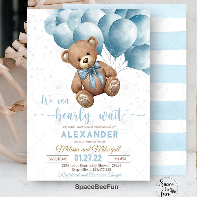 Teddy Bear Baby Shower Invitation We Can Bearly Wa (Teddy Bear,invitation,Baby Shower invites,Baby Shower bear,teddy bear Invitation,Hot air balloon ba )