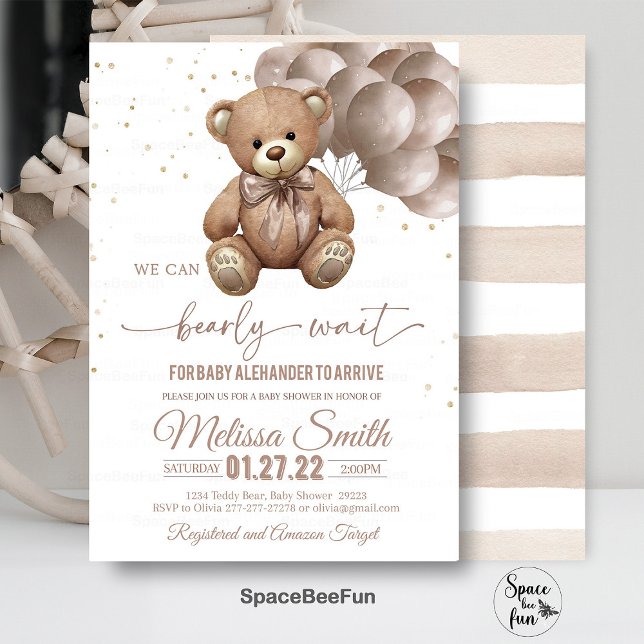 Teddy Bear Baby Shower Invitation We Can Bearly Wa (Teddy Bear,Baby Shower,Invitation,We Can Bearly Wait,Boy invites,hot air balloon,save she date,Bear )