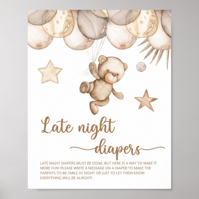 Teddy Bear Baby Shower Late Night Diapers Poster (Front)