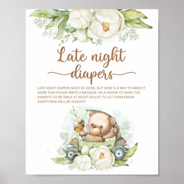 Teddy Bear Baby Shower Late Night Diapers Poster (Front)