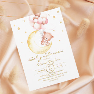 Teddy Bear Baby Shower Moon and Stars Girly  Invitation