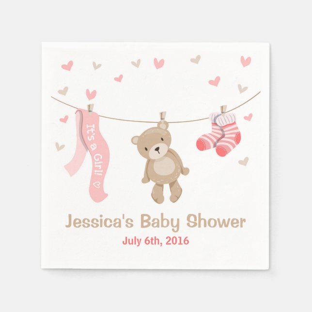 Teddy Bear Baby Shower Paper Napkin Girl Pink (Front)