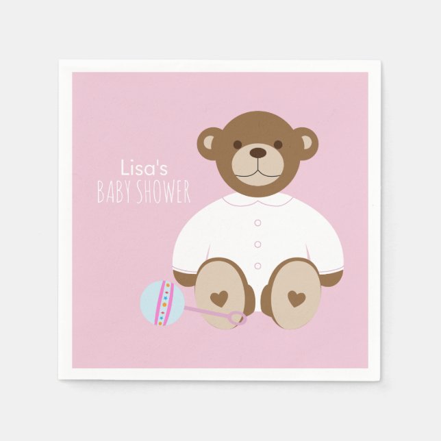Teddy Bear Baby Shower Paper Napkin - on pink (Front)
