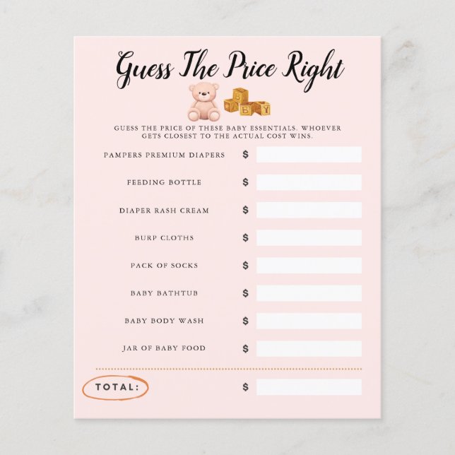 Teddy Bear Baby Shower Pink Game Guess The Price (Front)