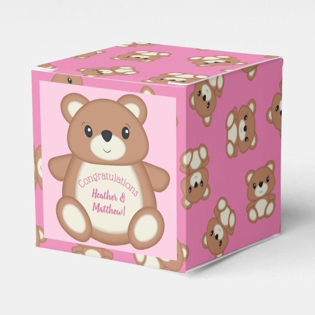 Teddy Bear Baby Shower Pink Girl Favour Box (Front Side)