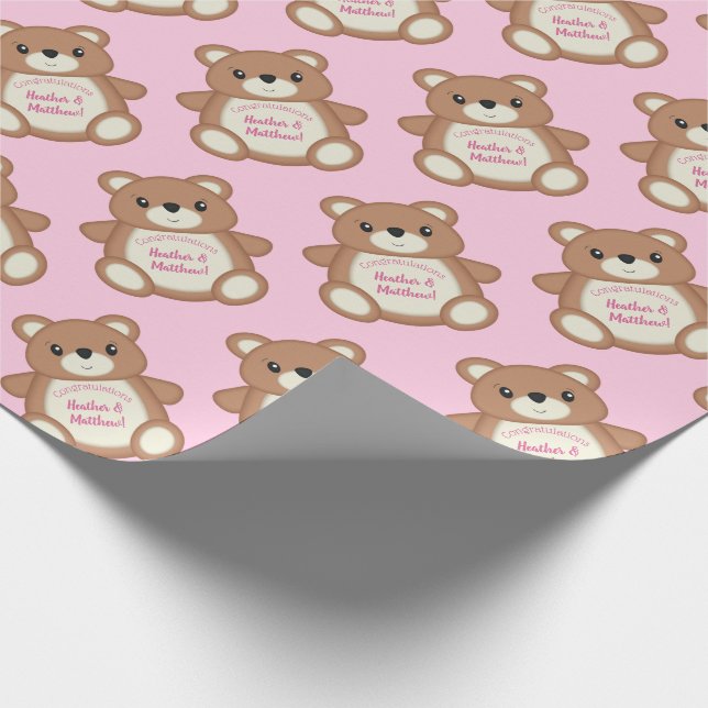 Teddy Bear Baby Shower Pink Girl Wrapping Paper (Corner)