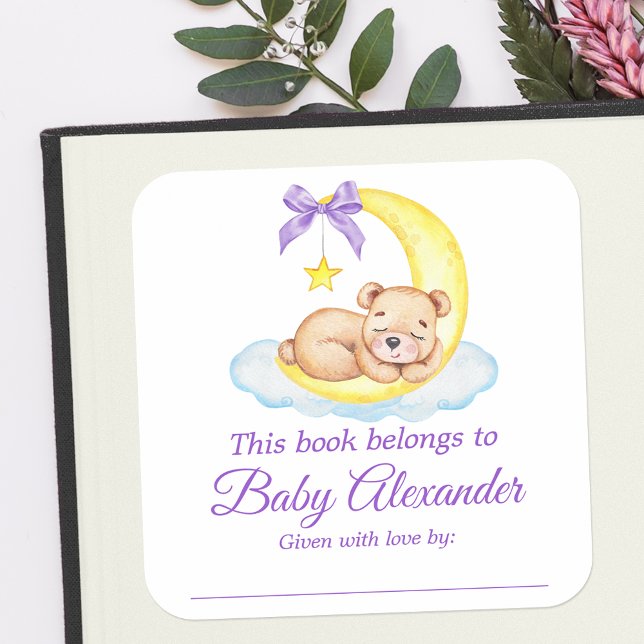 Teddy Bear Baby Shower Purple Bookplate Labels (Customize to change text size, color or text style.)