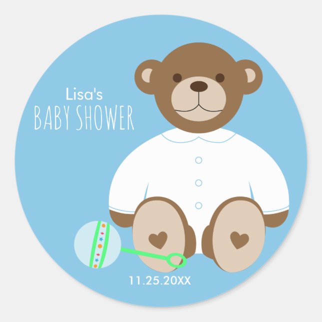 Teddy Bear Baby Shower Sticker, blue background Classic Round Sticker (Front)