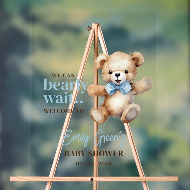 Teddy Bear Baby Shower, We Can Bearly Wait Boy  Acrylic Sign (Neutral)