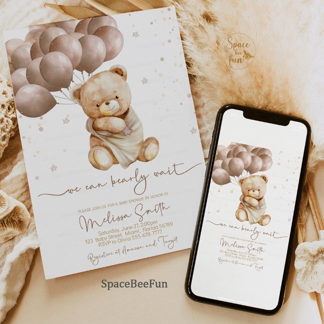 Teddy Bear Baby Shower We can bearly wait Invitation (teddy bear baby shower,baby shower theme,gender neutral baby shower,baby shower decorations,teddy be)