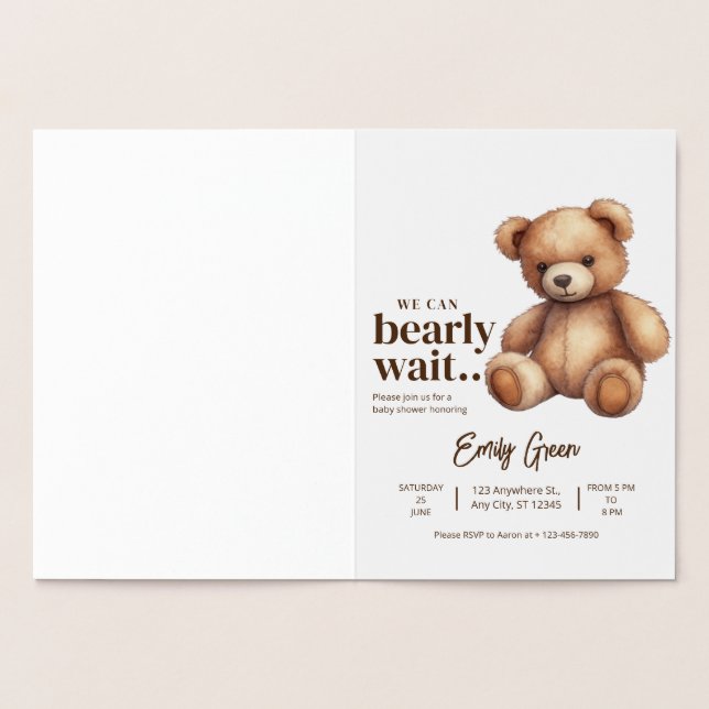 Teddy Bear Baby Shower We Can Bearly Wait minimal Foil Card (Inside)
