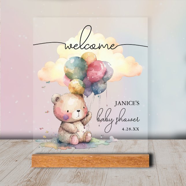 Teddy Bear Baby Shower Welcome Acrylic Sign (Teddy Bear Baby Shower Welcome Tabletop Acrylic Sign)