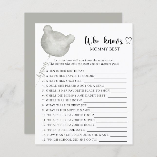 Teddy Bear baby shower, Who knows mummy best (Front/Back)