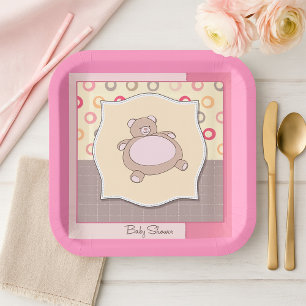 Teddy Bear Baby Shower with Retro Circles Paper Plate