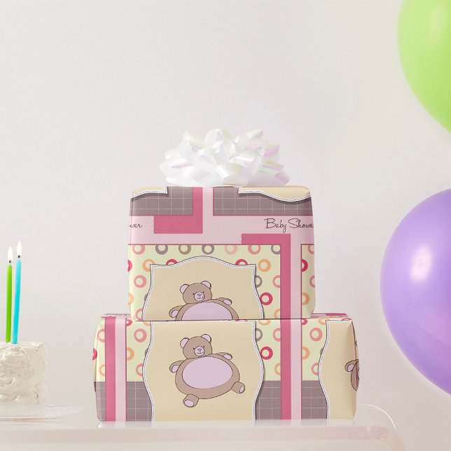 Teddy Bear Baby Shower with Retro Circles  Wrapping Paper (Creator Uploaded)