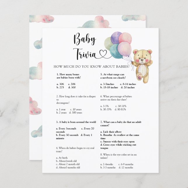 Teddy bear - Baby Trivia | Baby Shower Game (Front/Back)