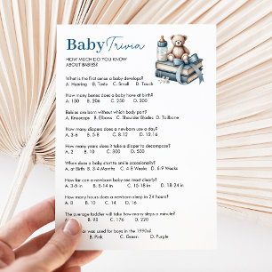 Teddy Bear Baby Trivia Boy Baby Shower Game Card