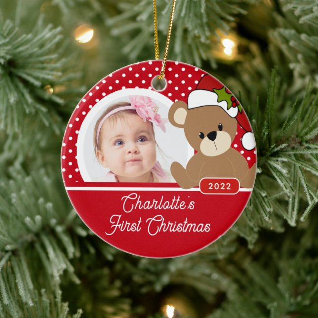Teddy Bear Baby's First Christmas Photo Ceramic Ornament (Tree)