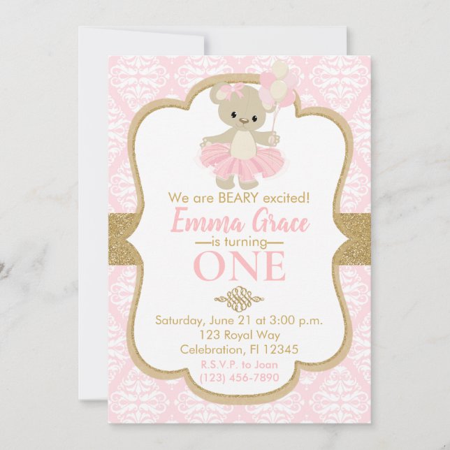 Teddy Bear Ballerina First Birthday Invitation (Front)