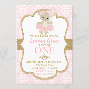 Teddy Bear Ballerina First Birthday Invitation