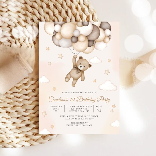 Teddy Bear Balloon 1st Birthday Invitation (Creator Uploaded)